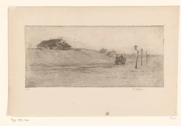 Landschap met huizen, lantaarns en wagen
