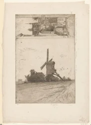 Molen in weidelandschap en gezicht in de Ravensteinstraat te Brussel