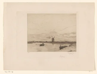 Vaart met roeiboot in weidelandschap met molen