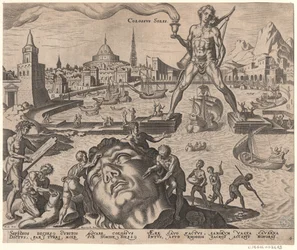 De Kolossus van Rhodos uit de serie De Acht Wereldwonderen Na Maarten van Heemskerck, 1572