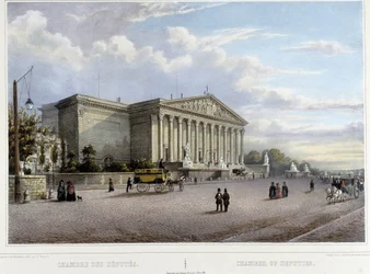 De Kamer van Afgevaardigden (Nationale Vergadering) - in "Wandeling door Parijs en omgeving", ontworpen door Jacottet en Benoist, ca. 1840
