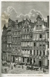 Oude huizen op het stadhuisplein in Brussel. Gravure door Ph. Benoist, ter illustratie van het verhaal van België door Camille Lemonnier, gepubliceerd in de tour du monde, onder leiding van Edouard Charton (1807-1890), Parijs