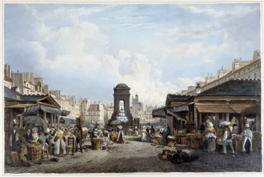 De wandeling rond de fontein van de onschuldigen, ca. 1840 - in "Promenade dans Paris et ses environs", ill. door Jacottet en Benoist, Parijs, ca. 1840