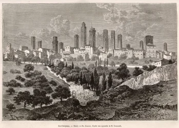Uitzicht op San Gimignano (Toscane, Italië). Gravure naar de tekening van Ph. Benoist, ter illustratie van de reis naar Toscane en Umbrië, door Francis Wey, in 1875, gepubliceerd in 
