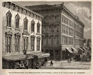 Uitzicht op het Occidental Hotel (Occidental Hotel), in Montgomery-street (Montgomery street), San Francisco (Californië), gravure naar de tekening van Ph. Benoist, ter illustratie van de reis van Washington naar San Francisco, in 1868, door L. Simonin, ge