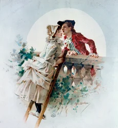 Tedere kus. Galante scène met een paar dat elkaar in het maanlicht kust. Lithografie van Philippe Jacques Linder (1835-?). 19e eeuw. Privécollectie