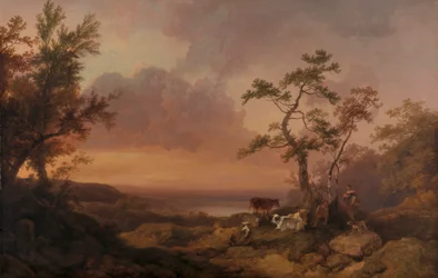 Landschap met vee en boer