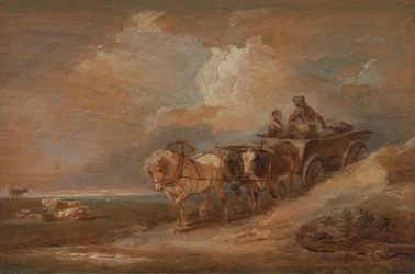 Landschap met paard en ossenkar