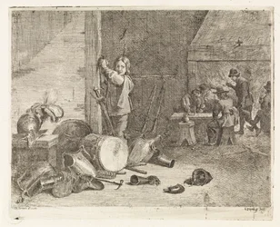 Interieur met jongen bij een trom en wapenrusting