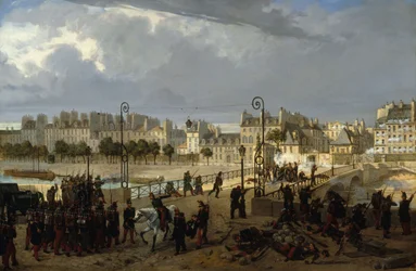 Scène van een oproer bij de Archevêché brug, in 1849