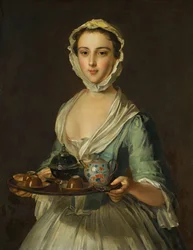 Een jonge vrouw met een theeblad mogelijk Hannah, de dienstmeid van de kunstenaar