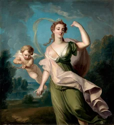 De godin van de liefde (Aphrodite of Venus). Een cupido vergezelt haar met pijl en boog. Schilderij van Philippe Mercier (1689-1760). Olieverf op doek. Afmetingen: 162,5x149,9cm Privécollectie