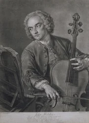 Portret van John Hebden (fl.1740-60), een cellist in het orkest van Handel, gegraveerd door John Faber (1684-1756), 1741