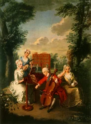 Prins Frederick Louis, Prins van Wales, speelt de cello in Kew Palace, ca. 1733-1750