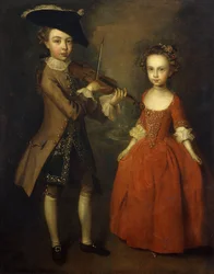 De Archbold Kinderen: Een Groepsportret van een Kleine Jongen, Volledig Gekleed in een Beige Jas, Donkerblauw Goudgeborduurd Vest, en Driehoekige Hoed, en zijn Zus, Volledig Gekleed in een Rode Jurk, met Bloemen in Haar Haar, Voorbereidend om te Spelen