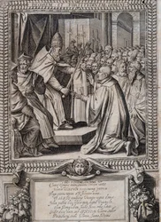 Bord van de Statuten van de Orde van Malta "Statuta Hospitalis Hervsalem" (verzachting van een ridder door een paus), door Philippe Thomassin, eind 16e eeuw
