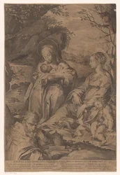 Heilige Catharina van Siena met het Christuskind, Maria, een slapende Johannes de Doper en een paus
