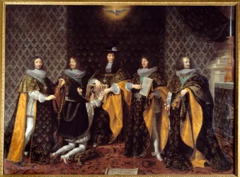Koning Lodewijk XIV ontvangt zijn broer, de hertog van Anjou, ridder in de Orde van de Heilige Geest. Schilderij van Philippe de Champaigne (1602-1674), 17e eeuw, Grenoble, Musée des Beaux-Arts