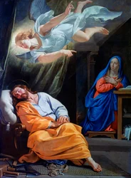 "De droom van Jozef" of "Jozef en de engel" Schilderij van Philippe de Champaigne (1602-1674) 1642-1643 National Gallery, Londen