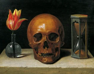 Vanitasstilleven met een tulp, schedel en zandloper