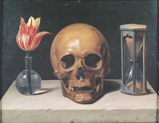 Vanitasstilleven met een tulp, schedel en zandloper
