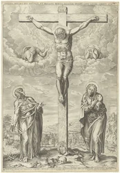 Christus aan het kruis geflankeerd door Maria en Johannes in een landschap