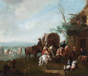 Reizigers buiten een herberg met een man op een steigerend wit paard (olieverf op metaal)