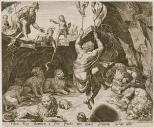 Daniël wordt bevrijd uit de leeuwenkuil, blad 9 uit de reeks "De geschiedenis van Daniël, Bel en de draak"