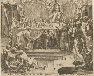 De priesters van Bel eten en drinken in de tempel, plaat 4, en Daniël voedt de draak, plaat 7, platen 4 en 7 uit de serie «Het verhaal van Daniël, Bel en de draak»