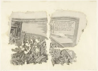 Rechterbovenhoek van een prent van het tafereel van Cebes