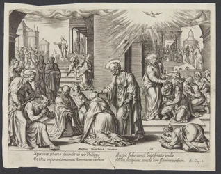 St. Petrus, St. Johannes en St. Philippus leggen hun handen op de gedoopten in Samaria