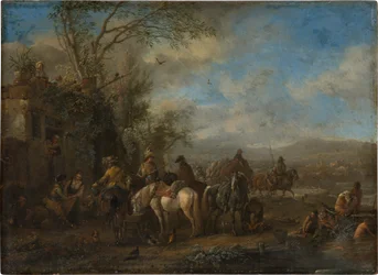 Gewapende ruiters voor een herberg