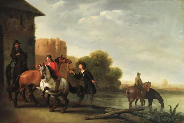 Ruiters die hun paarden drenken
