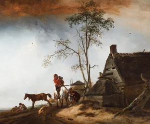 Reizigers rusten uit bij een huisje met een hond en een paard