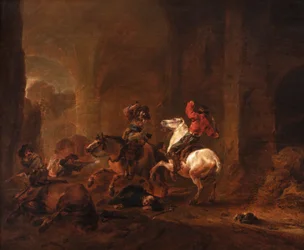 Bandieten die reizigers overvallen op een pad tussen ruïnes, ca.1635-50