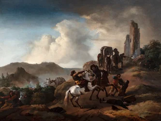 Bandieten die reizigers overvallen op een pad in een Italiaans landschap, ca.1640-50
