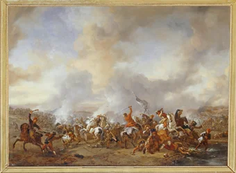 Een groot gevecht van ruiters en infanteristen ...