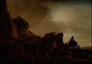 Reizigers en bedelaars bij een vervallen hut