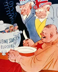 Een enorme Russische soldaat op het punt te eten uit een pot met het opschrift 