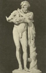 Silenus met het Kind Dionysus, oude Romeinse sculptuur in de collectie van de Glyptothek, München, Duitsland (zw/w foto)