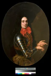 Portret van een heer met harnas en rode sjaal