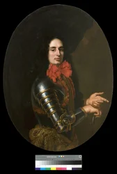 Portret van een heer met harnas en een rode sjaal