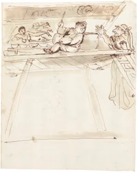 Een karikatuur van Pier Francesco Mola die Giovanni Battista Passeri onderbreekt bij het schilderen van een plafonddecoratie van een liggende Venus