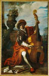 Jonge muzikant met een viola da gamba, mogelijk de beroemde muzikant van de Cappella Pontifica Bonaventura Argenti (schilderij op doek)
