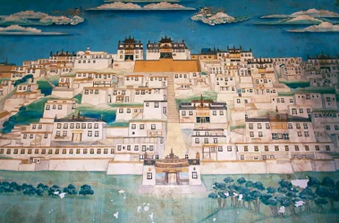 Fresco van de stad in Ganden Sumtsenling Klooster, Zhongdian, Yunnan Provincie, China