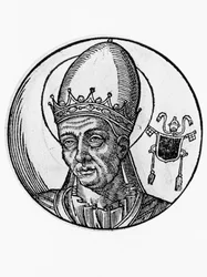 Portret van Benedictus I (Benedictus Bonosus, overleden 579), 62e paus van de Katholieke Kerk vanaf 575 (gravure)