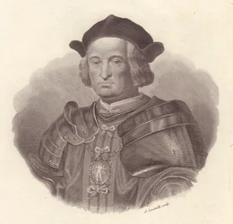 Portret van Italiaanse militaire leider en politicus Gian Giacomo Trivulzio (1440-1518), kopergravure door Locatelli
