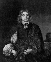 Portret van Lucius Cary, 2e burggraaf Falkland (circa 1610-1643), Engelse auteur, politicus en soldaat die staatssecretaris was van 1642 tot 1643, gravure