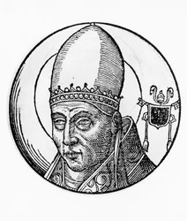 Portret van Sint Innocentius I (overleden 417), 40e paus van de Katholieke Kerk vanaf 401 (gravure)