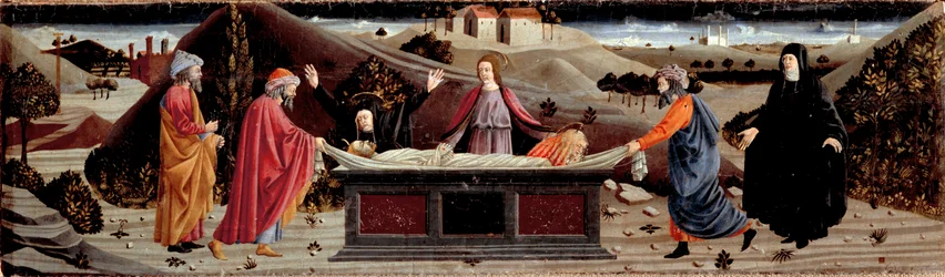 Polyptiek van de Barmhartigheid: rond het lichaam van Jezus Christus: Sint Jan, de Maagd Maria, Sint Maria Magdalena, Sint Jozef van Arimathea en Sint Nicodemus
